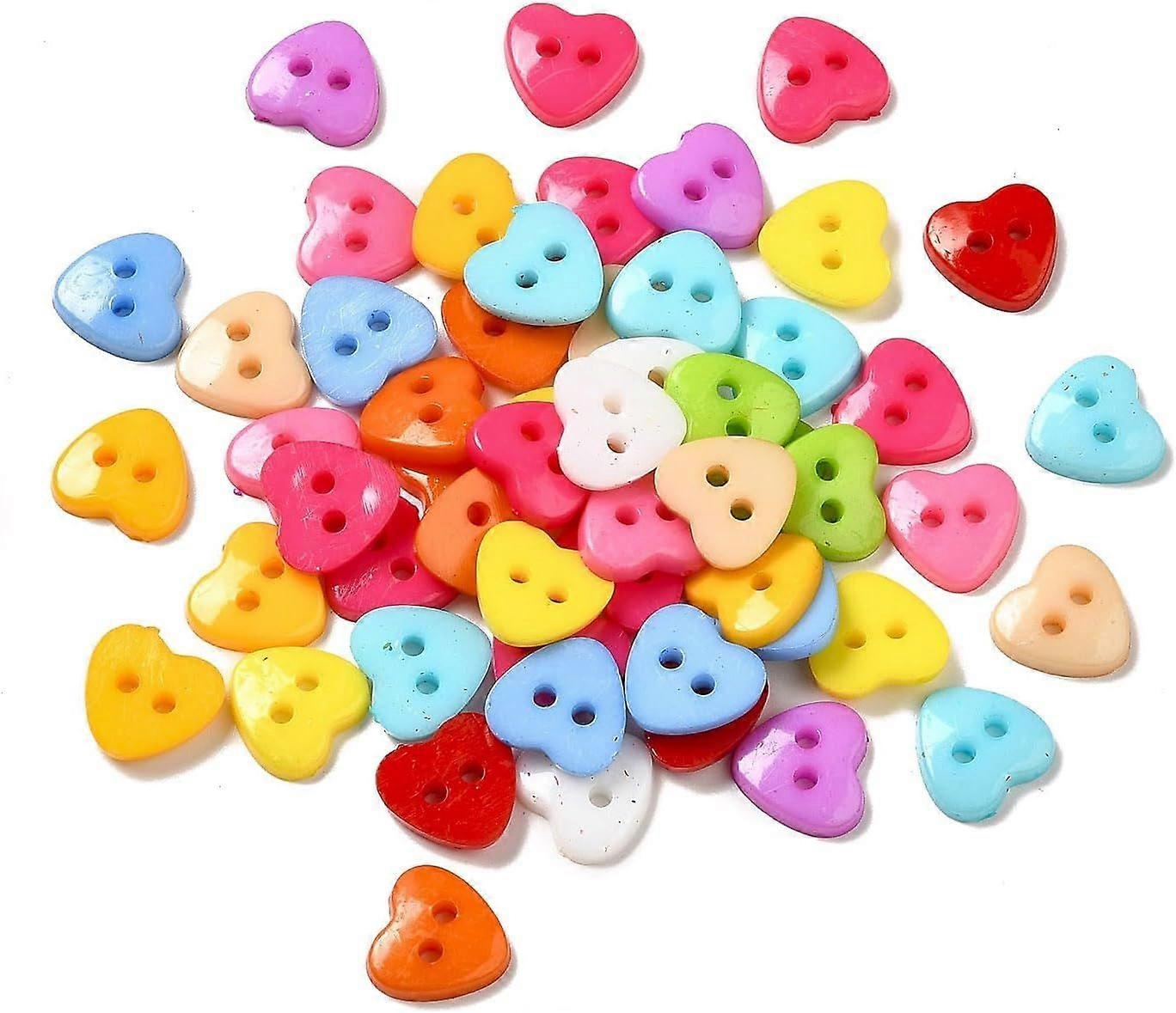 100Pcs Acrylic Heart Buttons Plastic Sewing Buttons for Costume Design 2-Hole Dyed Mixed Color 12x12x3mm