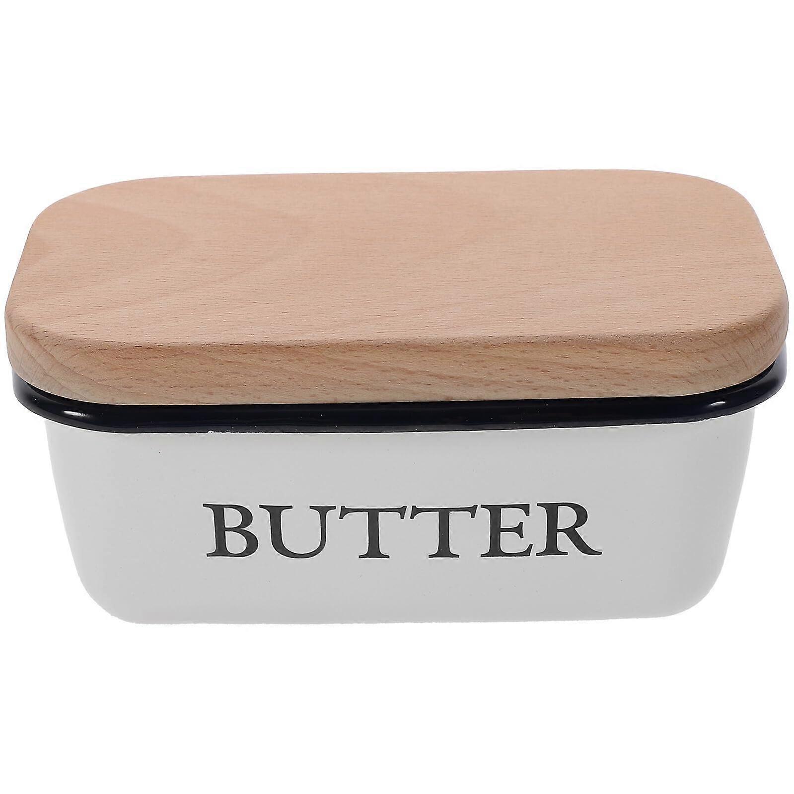 Enamel Butter Dish with Wooden Lid Keeps Butter Fresh Square Container for Refrigerator Daily Use