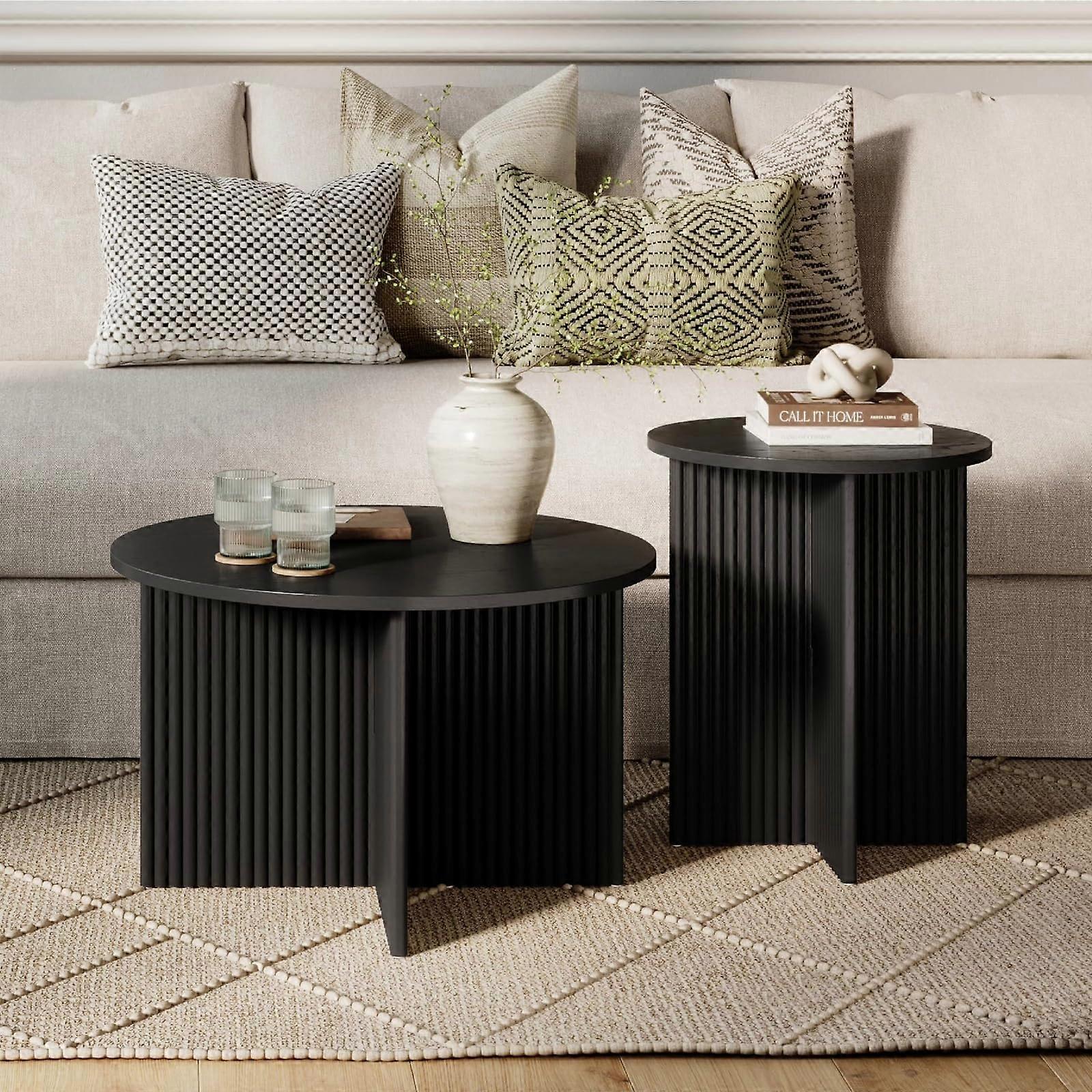 Nesting Coffee Table Set, 2Piece Blackened Oak Round Tables with Solid Wood Veneer and Fluted Base