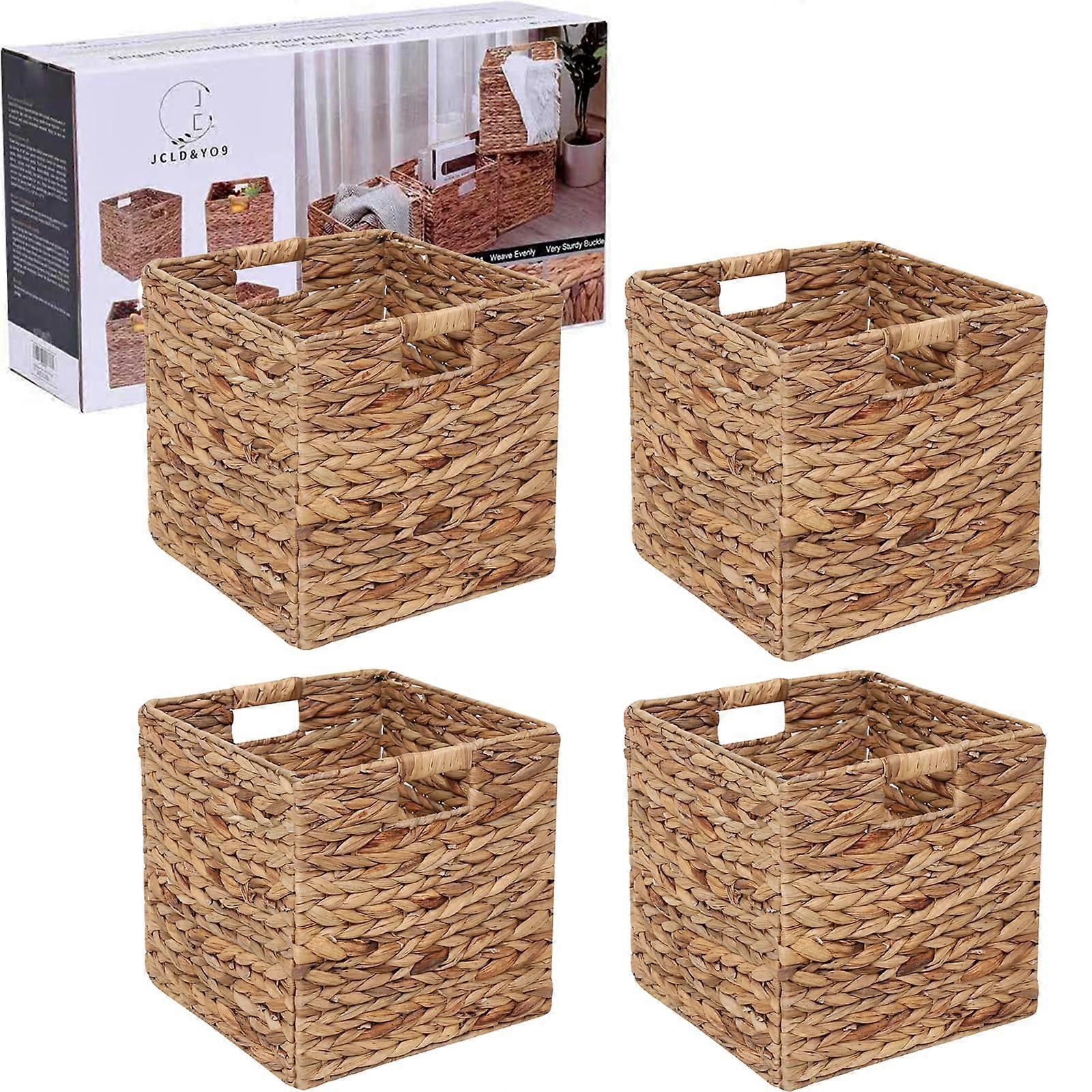 12x12 Water Hyacinth Cube Storage Baskets Set of 4 Handwoven Foldable Cubes with Handles for Shelves