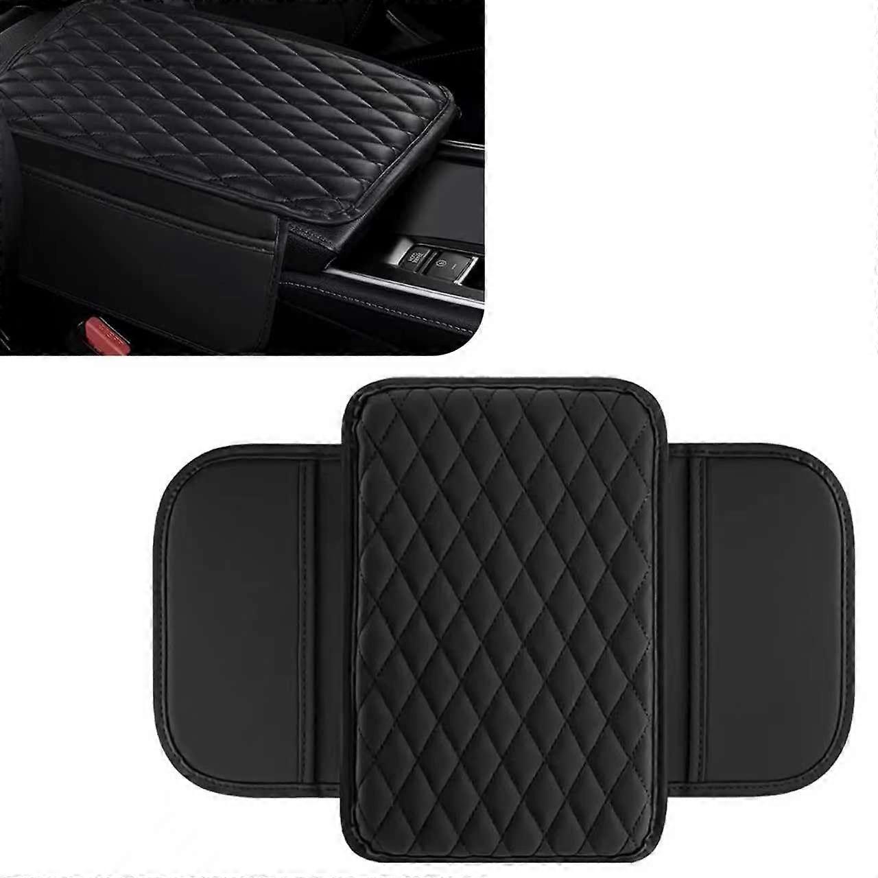 Car Center Console Leather Armrest Pad with Memory Foam Waterproof Scratch Resistant Dual Side Pockets Black