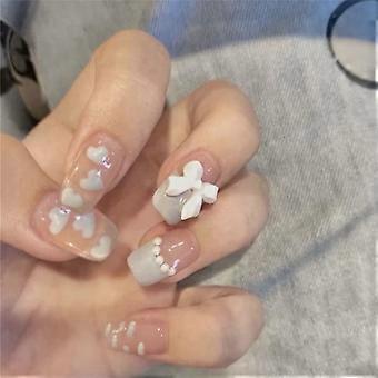 24 Pcs Short Press On Nails with Bow Knot and Heart Design Reusable Fake Nails Kit for Women Girls