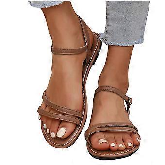 Strandsandaler til kvinder, damesandaler, sommerkomfortable, elegante, flade, afslappede, elastiske ankelremsslippers, brune 8,5