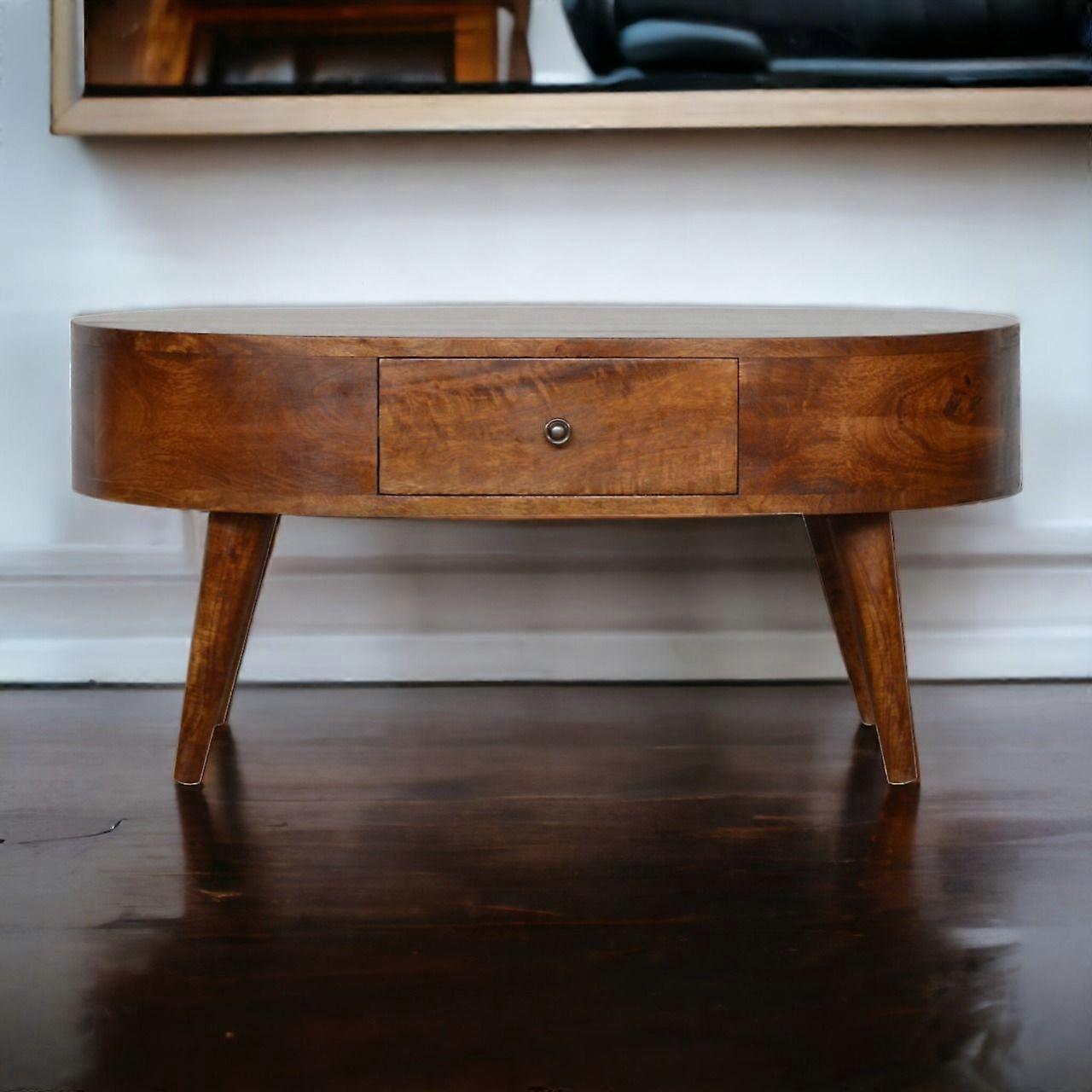 Solid Wood Chestnut Rounded Coffee Table, 2 Drawers, Dark Brown