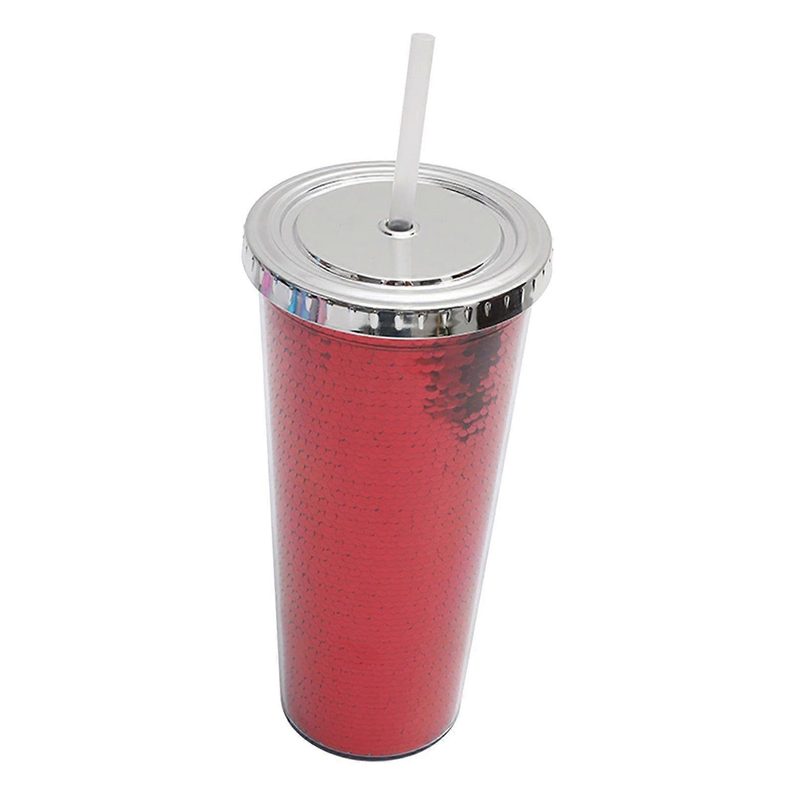 Water Bottle ! Double Layer Plastic Cup Sequins Straw Cup Creative Summer Cold