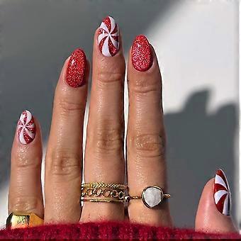 Christmas Press On Nails Red and White Almond Nails Reusable Full Cover Stripe Design 24Pcs Set