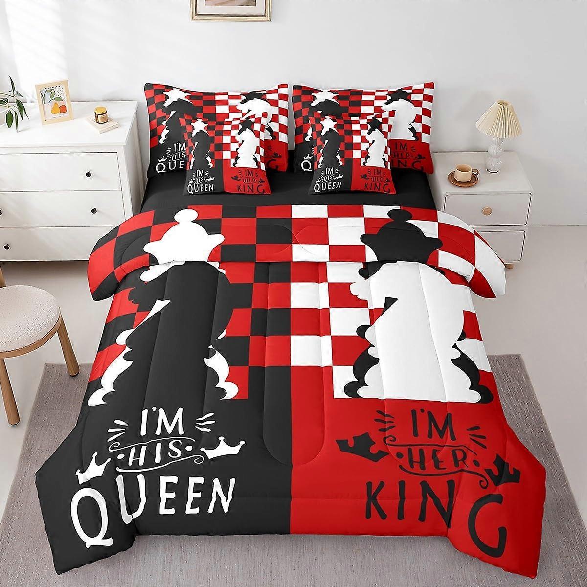 Full Size Red Black White Chess Bedding Set for Couples, Checkered Comforter with Sheets
