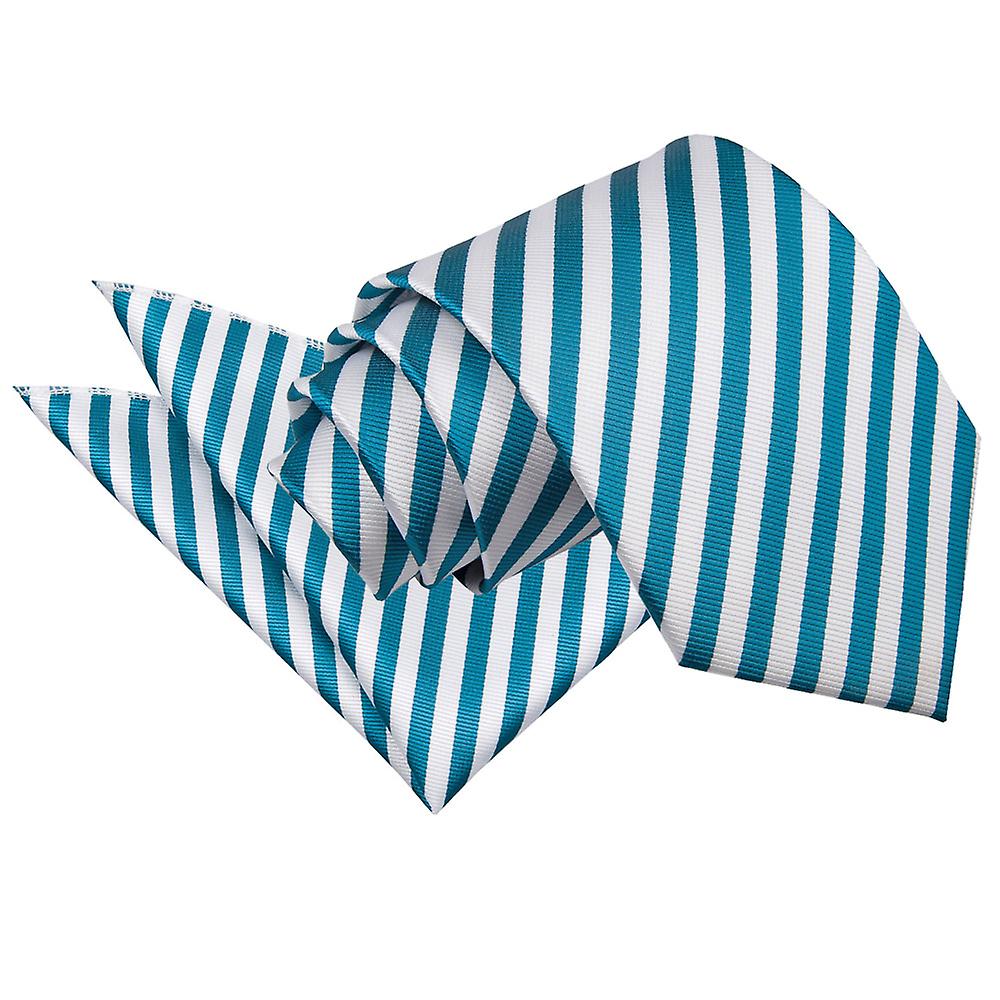 White and Teal Thin Stripe Tie and Pocket Square Set