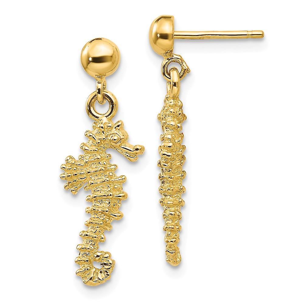 Or jaune 14 carats texturé poli post hippocampe longue goutte boucles d’oreilles 24x8mm boucle d’oreille large pour femme