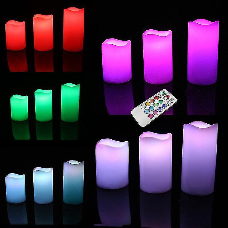 Candles 3 Pack Led Flickering Candles Lights Remote Control 12 Colors Flameless Wax Wave Edge Lamp