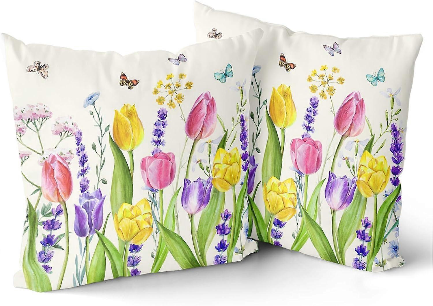 Spring Floral Pillow Cover 18x18 Inch Set of 2,Tulips Lavender Flower Butterfly Throw Pillows Case Farmhouse Decorative Square Cushion Covers for Indo