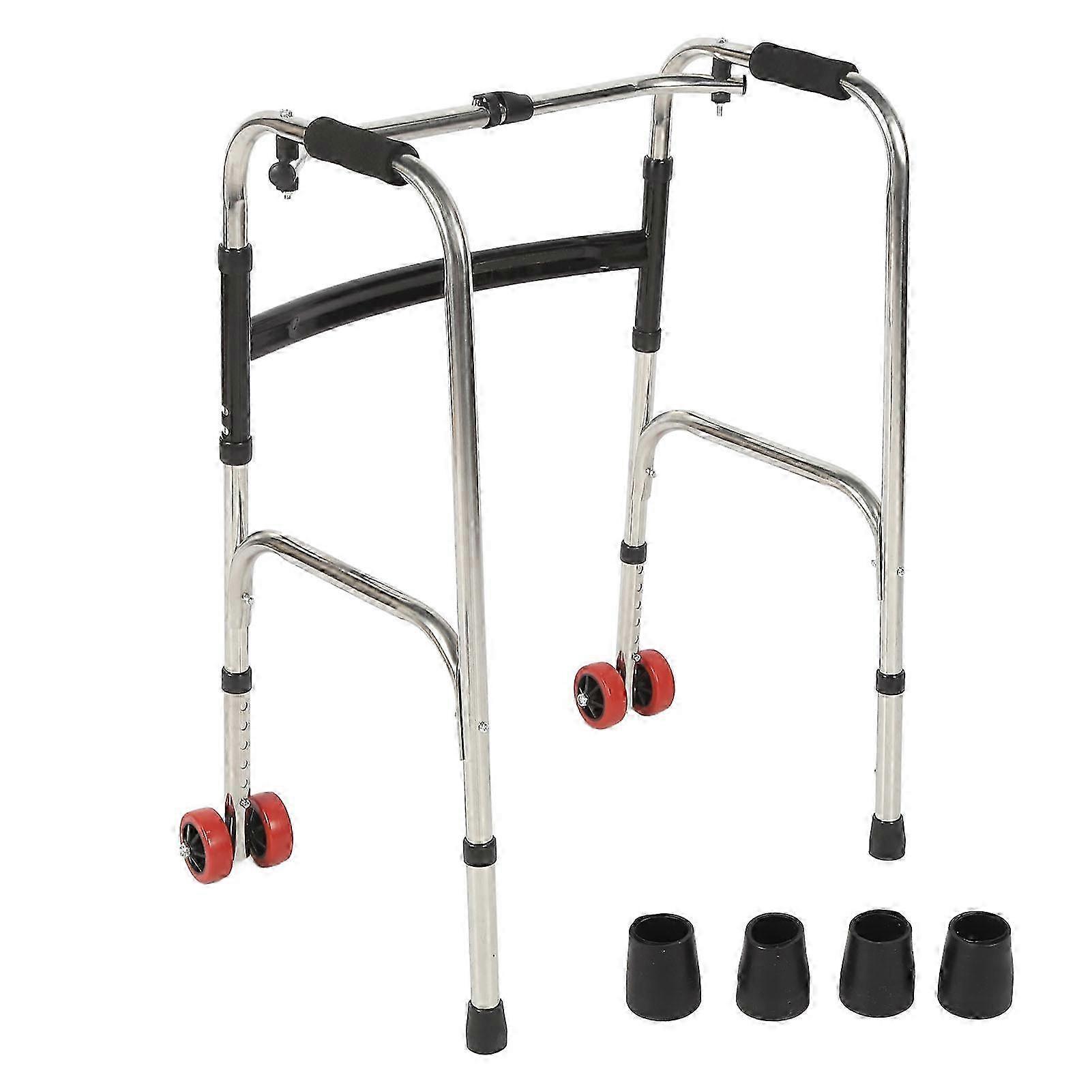 Elderly Folding Walker 6 Height Adjust 4 Legs Stainless Steel Walking Aid with Red Wheels Single Bend