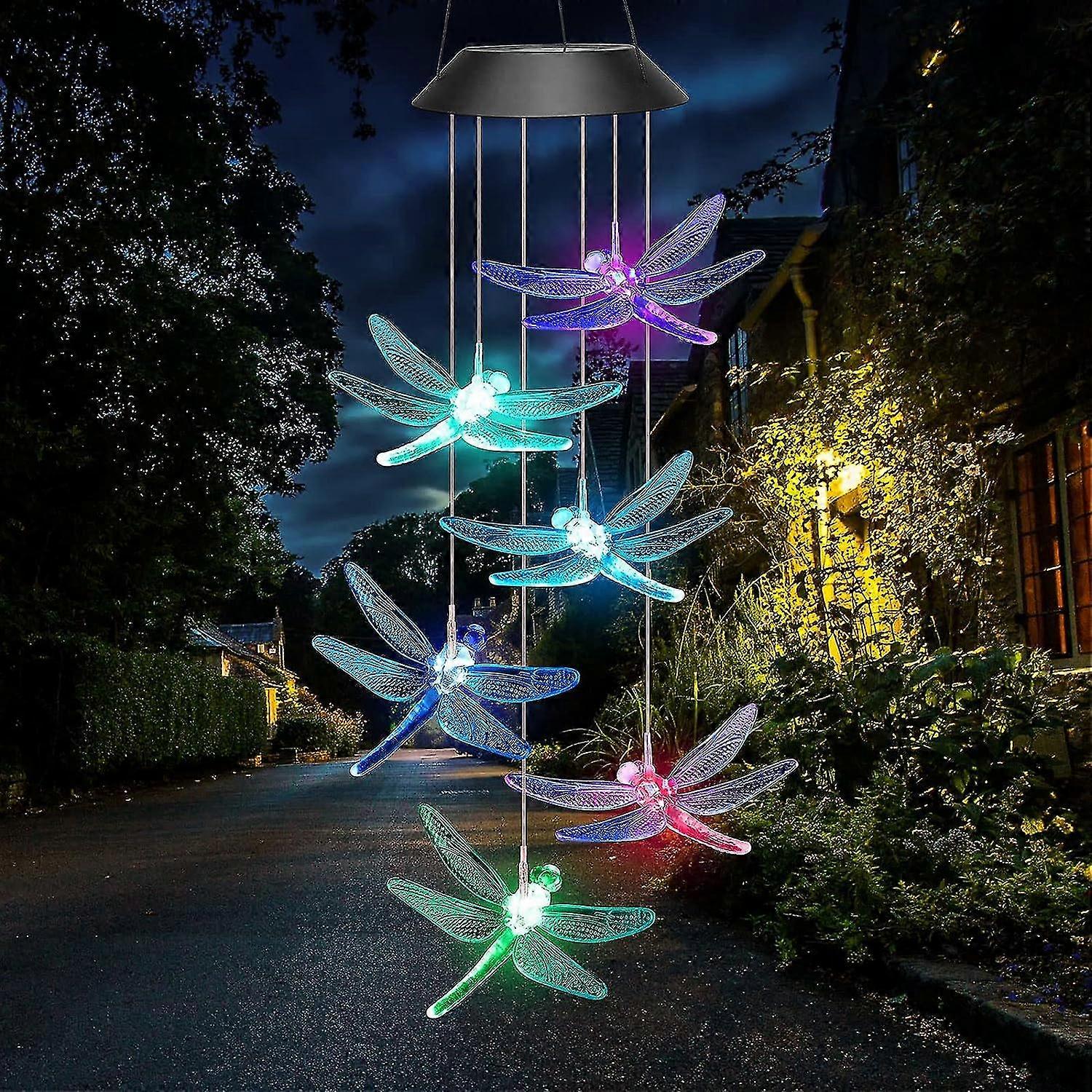 LED Solar Wind Chime Outdoor, Color Changing Light Up Dragonfly, Waterproof Chime for Outdoor Garden and Home Decor GiftDragonfly