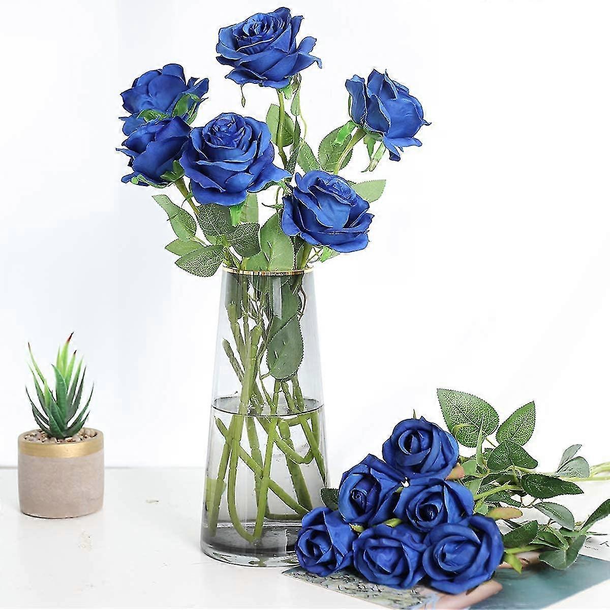 DuHouse 10 rose finte fiori di seta artificiali fiori di rosa finto fiore lunghi steli bouquet per organizzare matrimoni centrotavola festa casa decorazione cucina (Blu polveroso