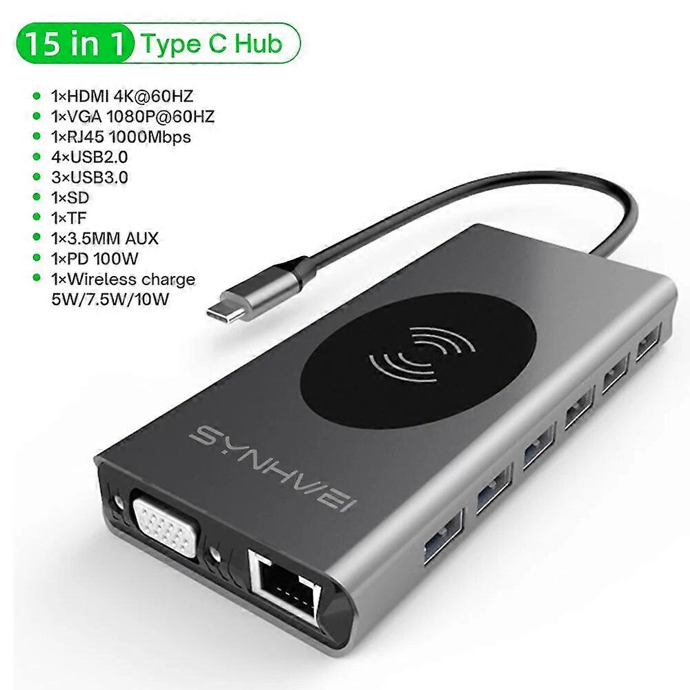 15 en 1 USB C pour MacBook Pro 4K HDMI VGA RJ45 Gigabit 14 Port Adaptateur Charge Station d’accueil Ordinateur portable PC USB Notebook Splitter