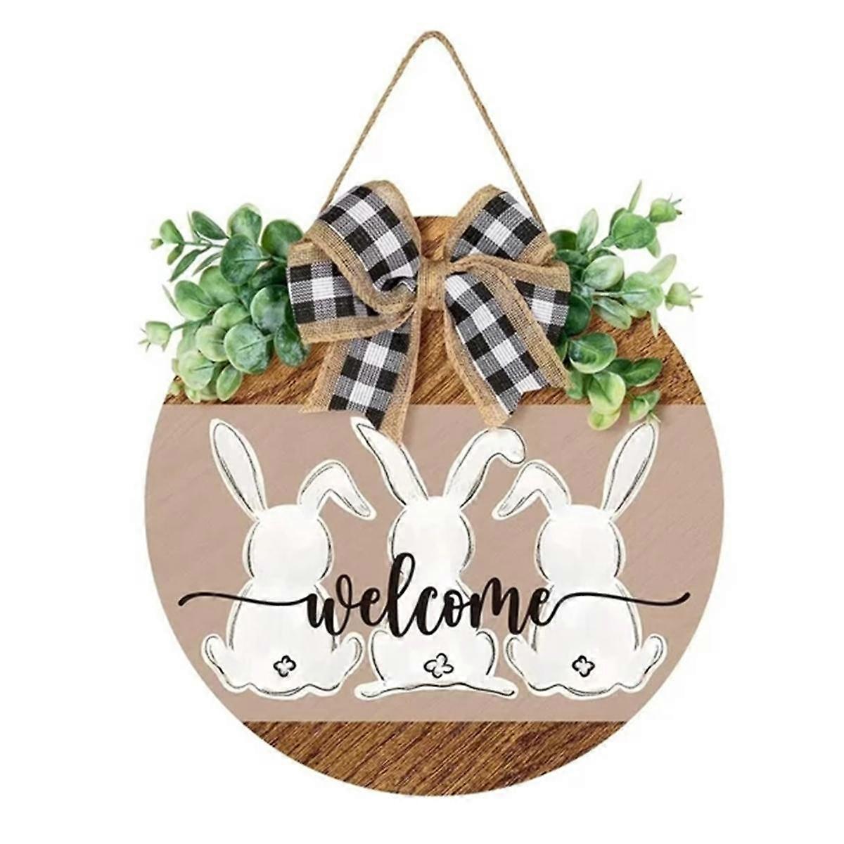 Cute Easter Wooden Hanging Sign, Bunny Rabbit Welcome Sign Door Decoration with Bow, Rustic Easter