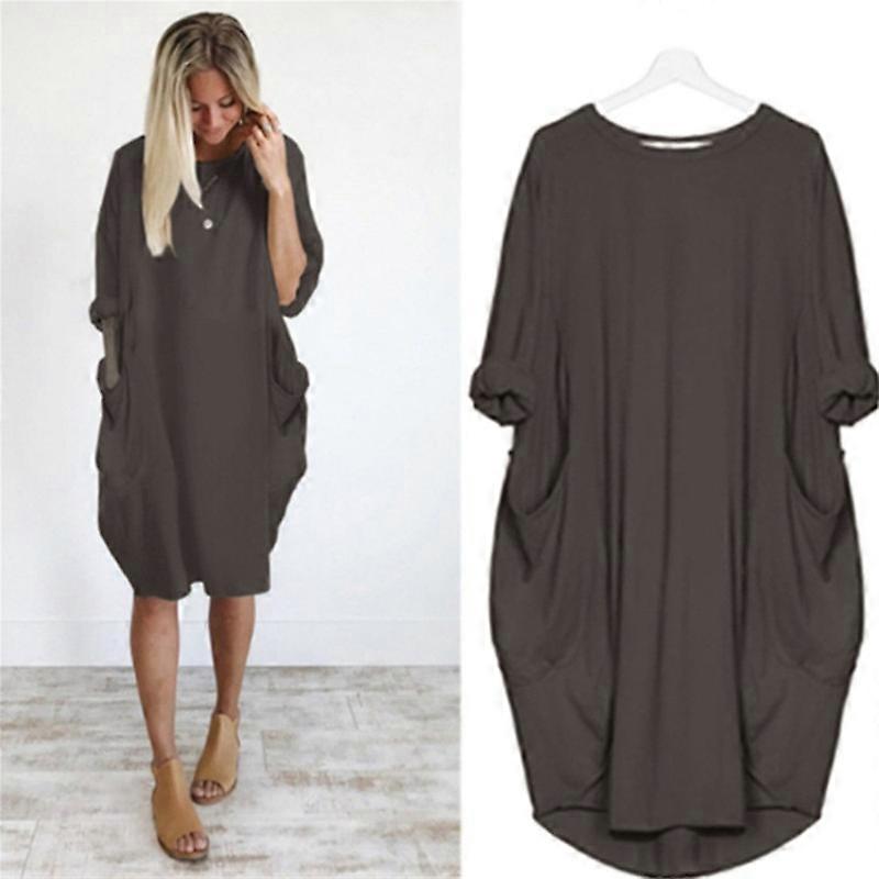 Kadın Oversize Tunik Elbise Uzun Kollu Gevşek Bol Tshirt Cepli Üstler