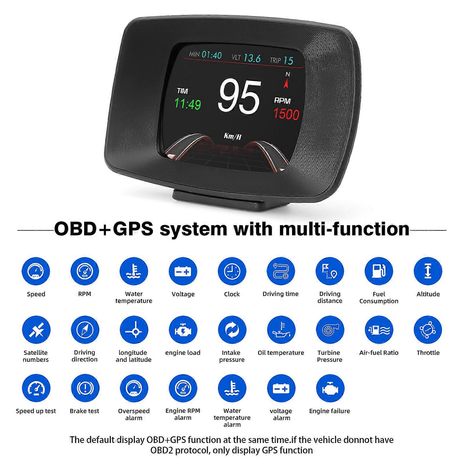 P24 Head Up Display Car Smart Gauge Digital Speed Gauge OBD+GPS Multi-function Full LCD Instrument Inclinometer Alarm Functions