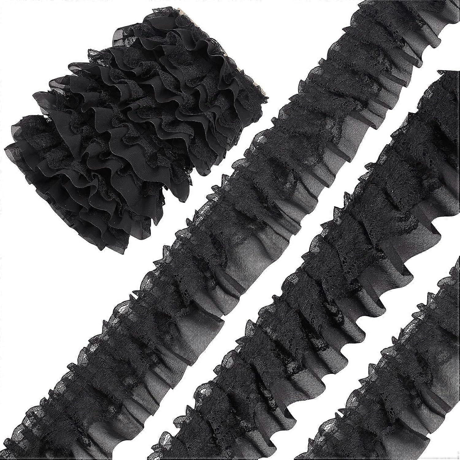 11 Yards Black Double-Layer Pleated Chiffon Lace Trim 5cm Wide 2-Layer Gathered Ruffle Trim Edging Tulle Trimmings Fabric Ribbon for Home DIY Sewing C