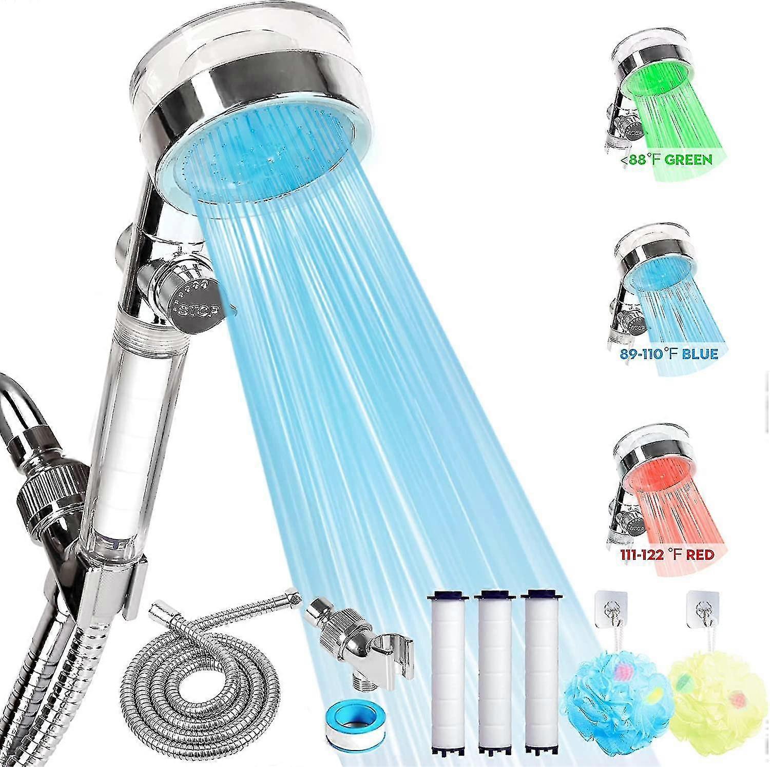 High Pressure LED Shower Head with Handheld Hydro Jet Hose Holder & 3 Filters - Temperature-Controlled