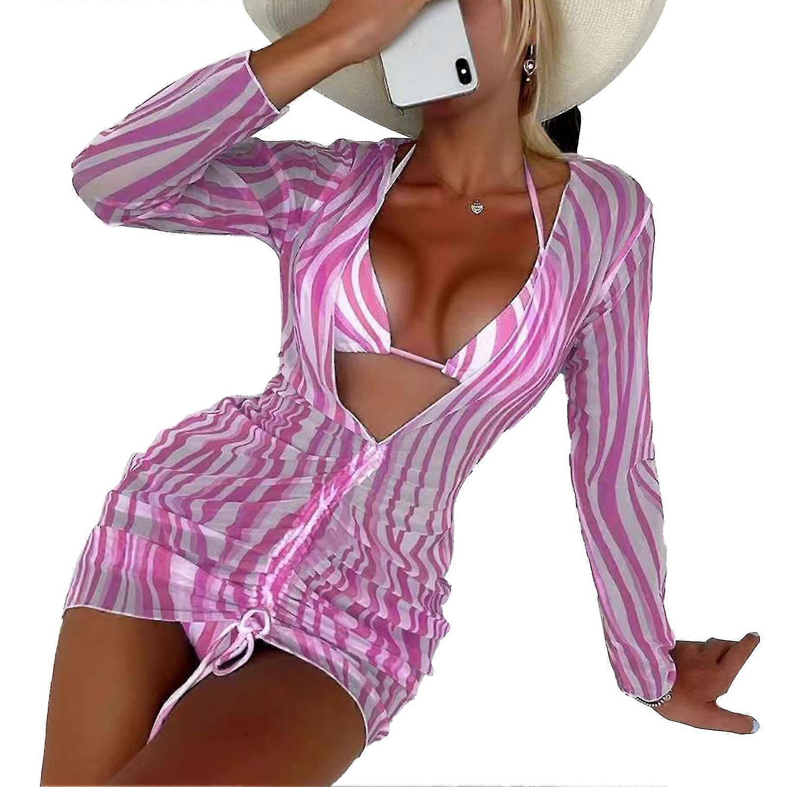 Pink and White Stripe Mesh Long Sleeve Bikini Set - Elegant Beachwear