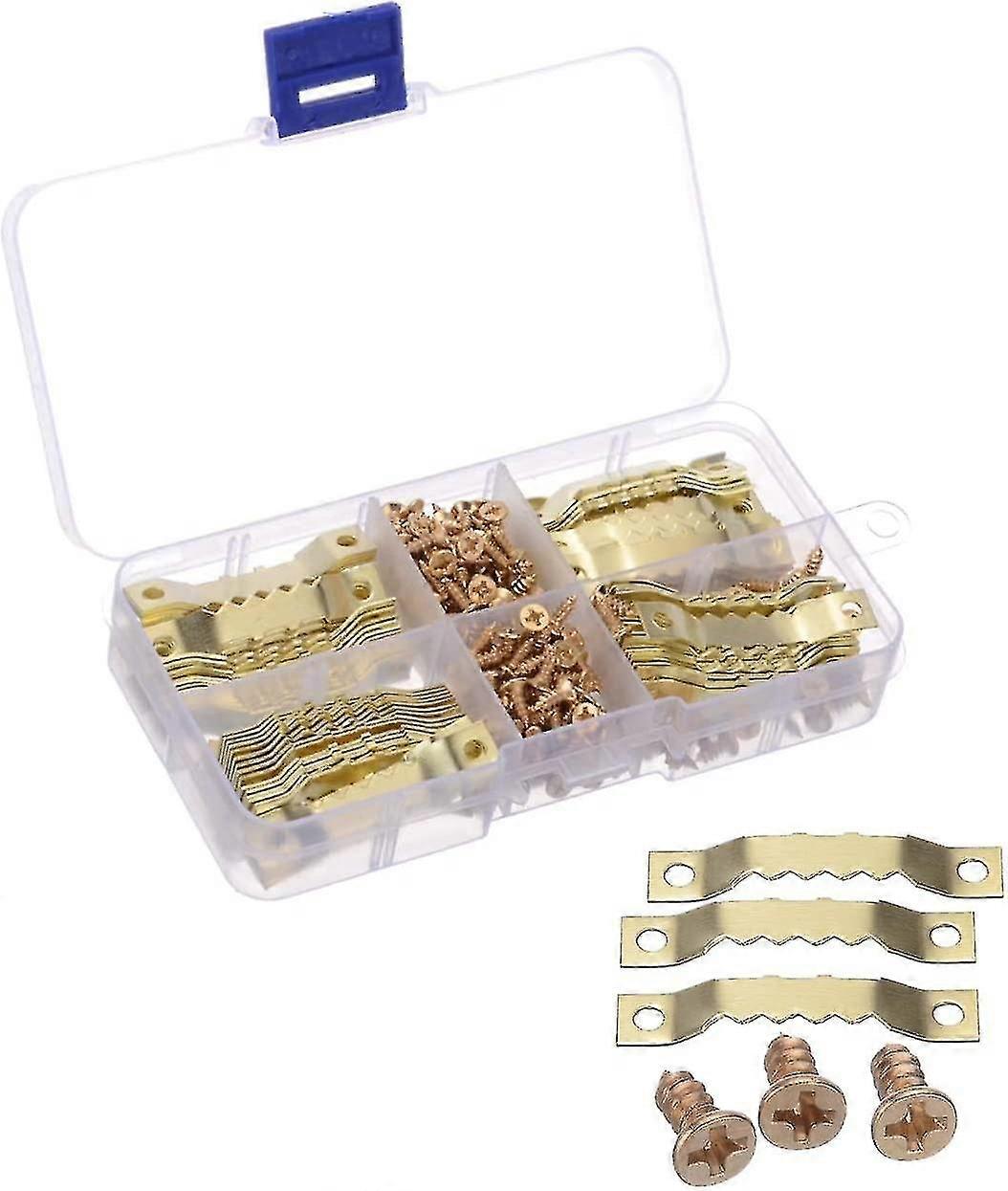 100 X Gold Double Hole Sawtooth Frame Hangers & 200 X Screws With Compartment Box For Heilwiy Art