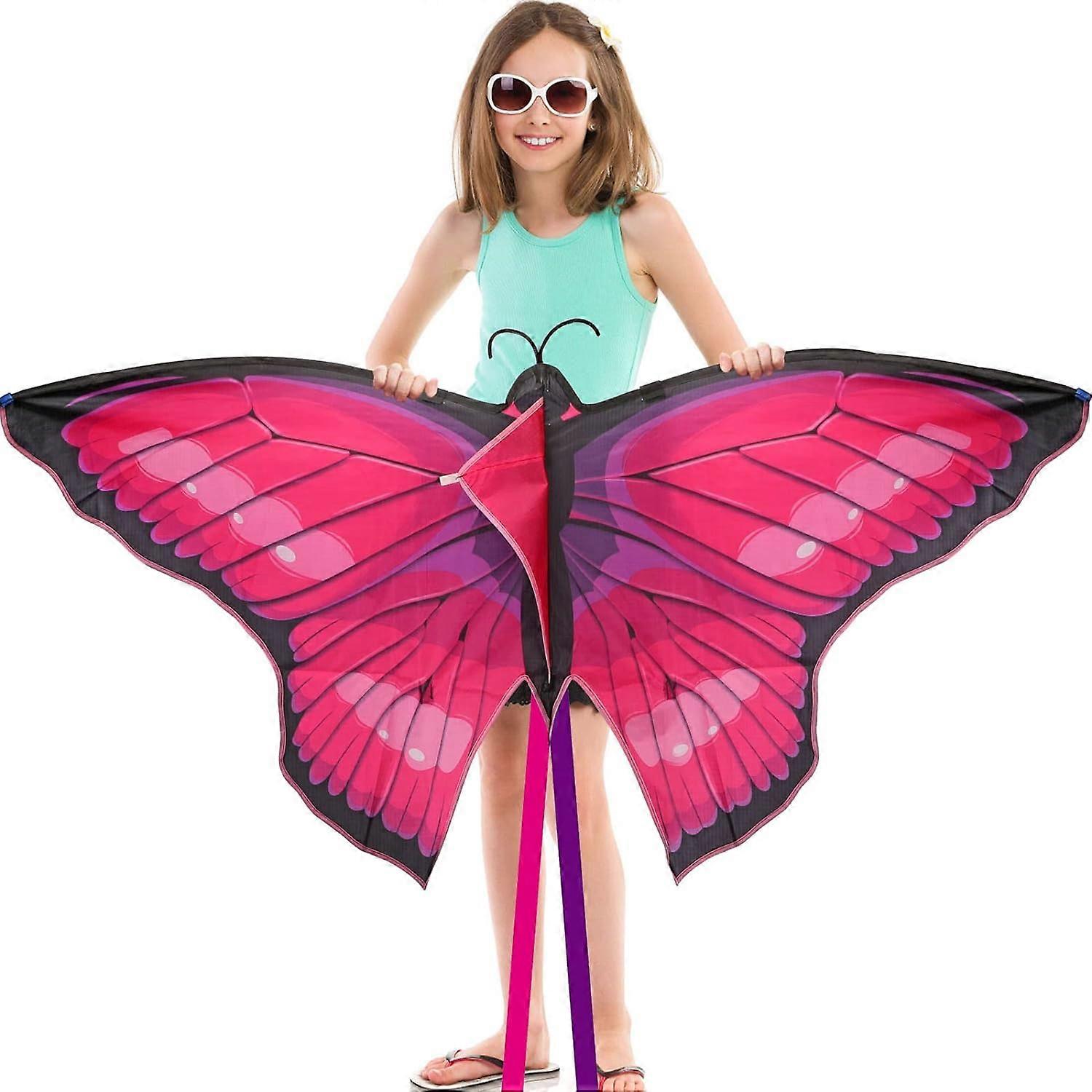 Large Butterfly Kite, 55x28inch Single Line Kite Colorful Kite with Long Tail Beginner Beach Kite with Winding Handle and Line Beach and Outdoor Pink
