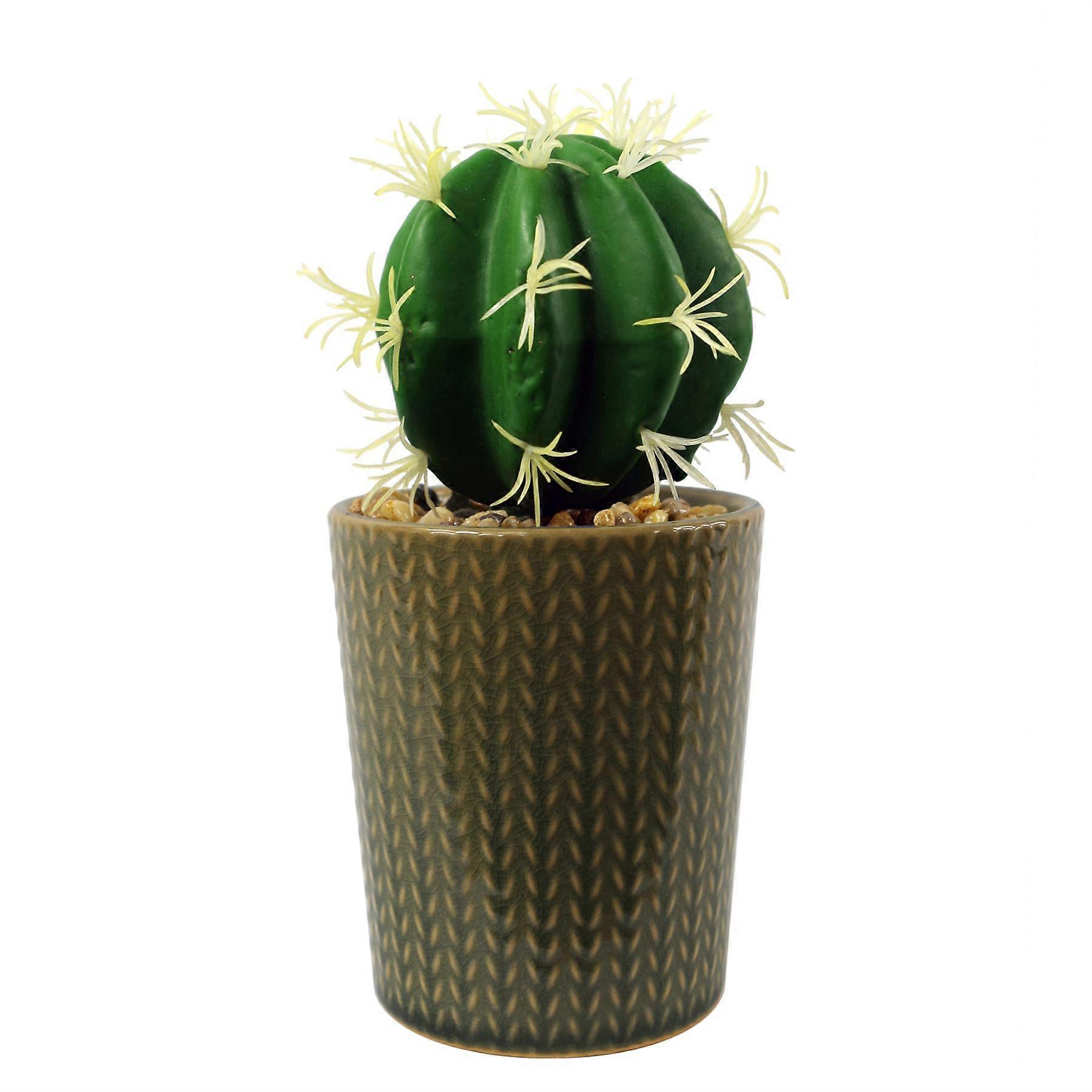 17cm Ceramic Stone Stripe Planter with Artificial Cactus
