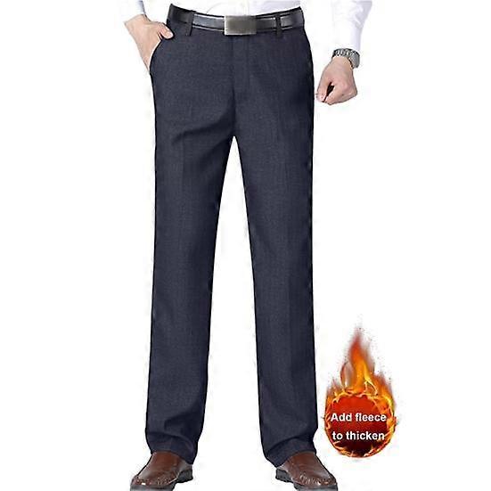 Men Suit Pants Straight Thick Plush Loose Solid Color Soft Pockets Mid Waist Zipper Button Closure Formal Business Style Warm Father Long Office