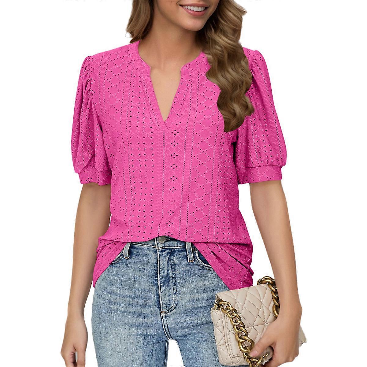 Summer Puff Short Sleeve Shirts Rose Red L