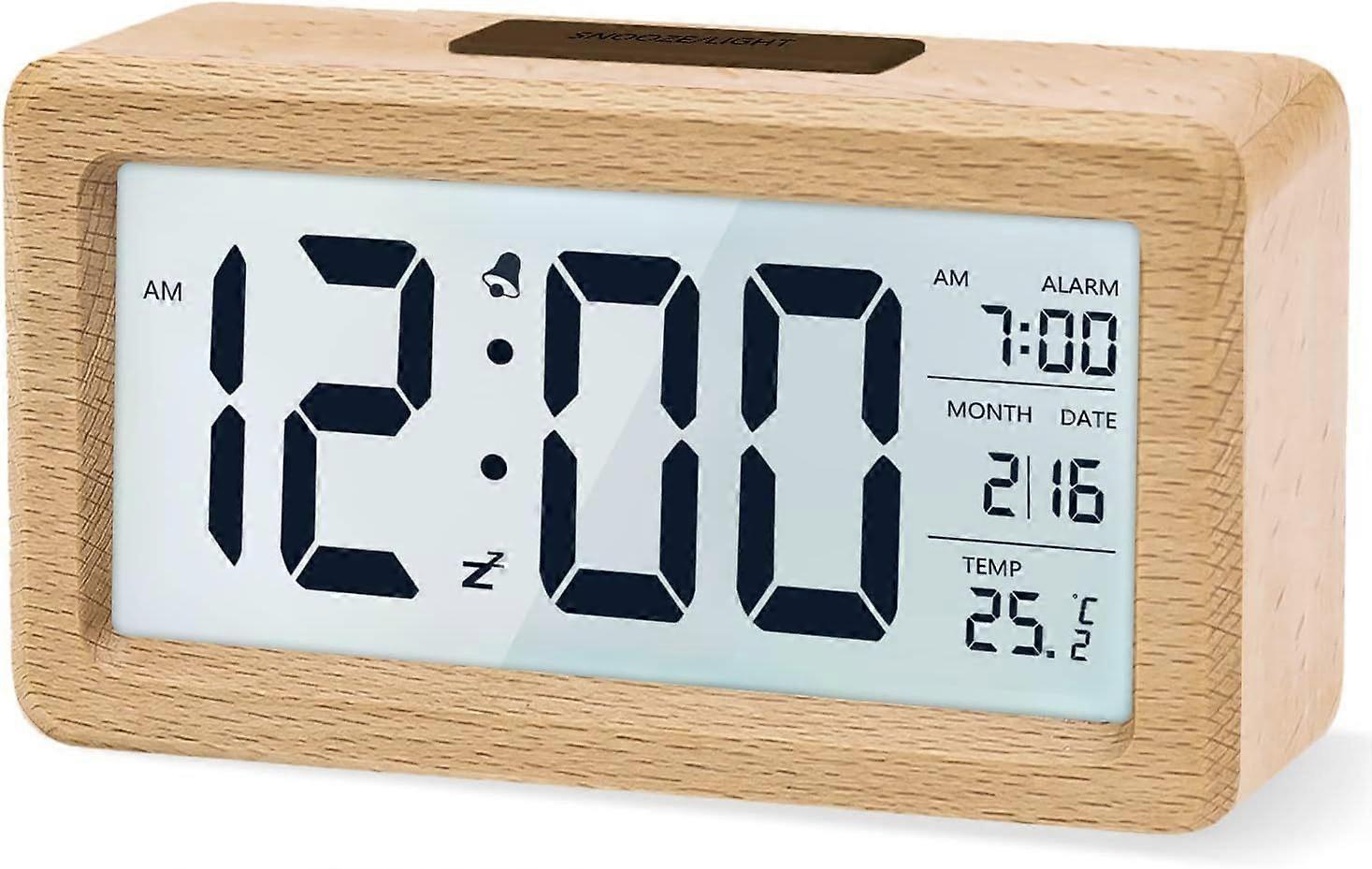 Digital Alarm Clock Wooden Bedside Clock with Large LCD Backlit Display, Temperature, Snooze Function, Brightness Sensor