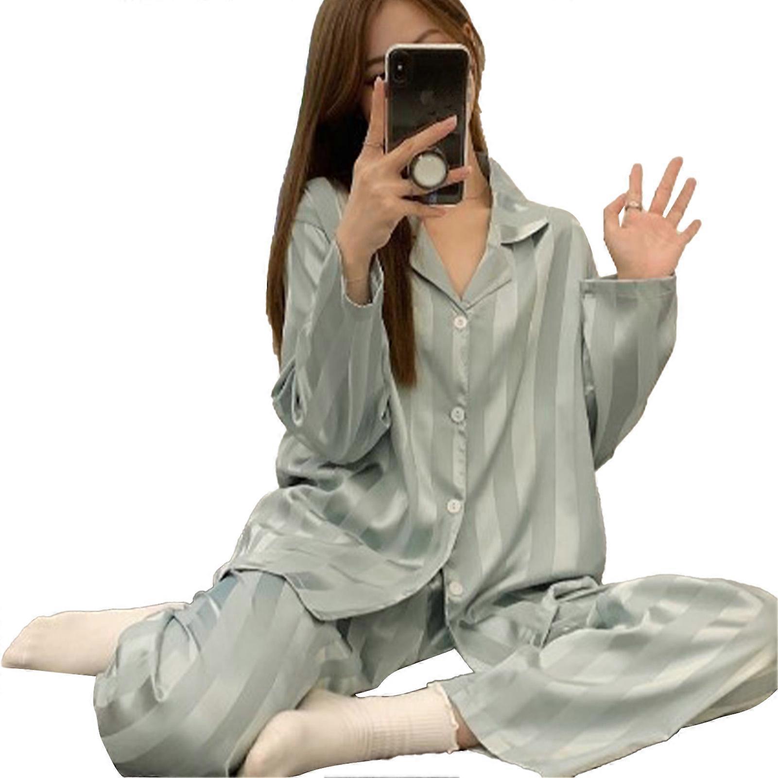 Woman Silk Striped Pajama Set, Double Length, Vertical Stripe, Light Green, XL