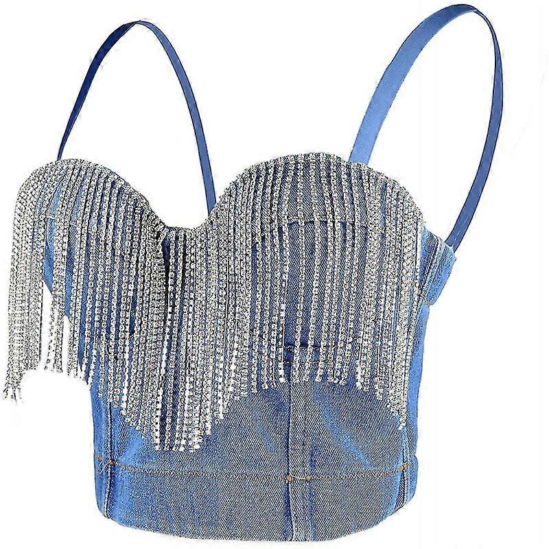 レディースタッセルラインストーンデニムビスチェクロップトップジーンコルセットトップブラBlue_Specialギフト