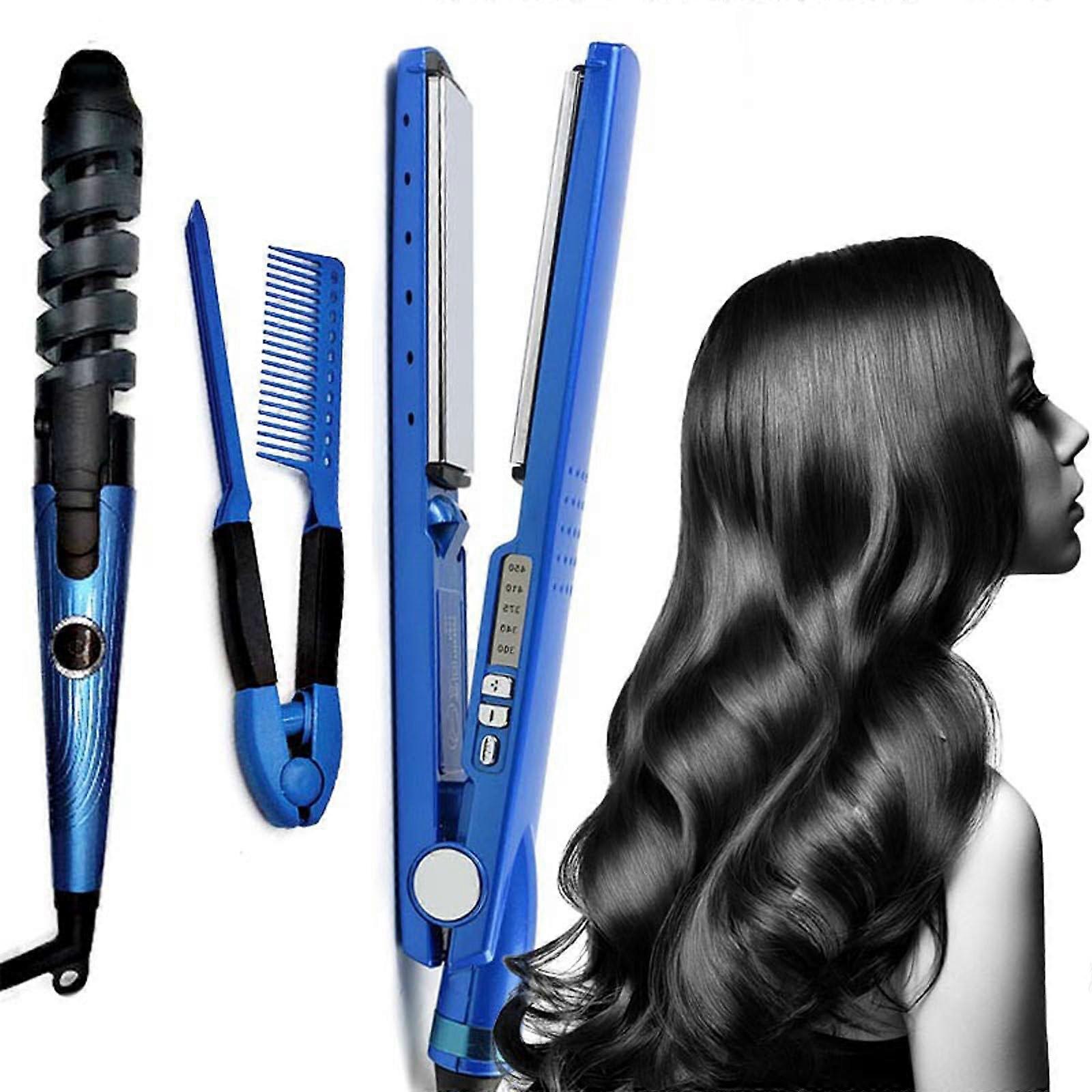 Kıvırcık Demir Seti 3'ü 1 Saç Styler Curling Wand ve Düzleştirici LCD Ekranlı Anında Isıtma Tüm Saç Tipleri için