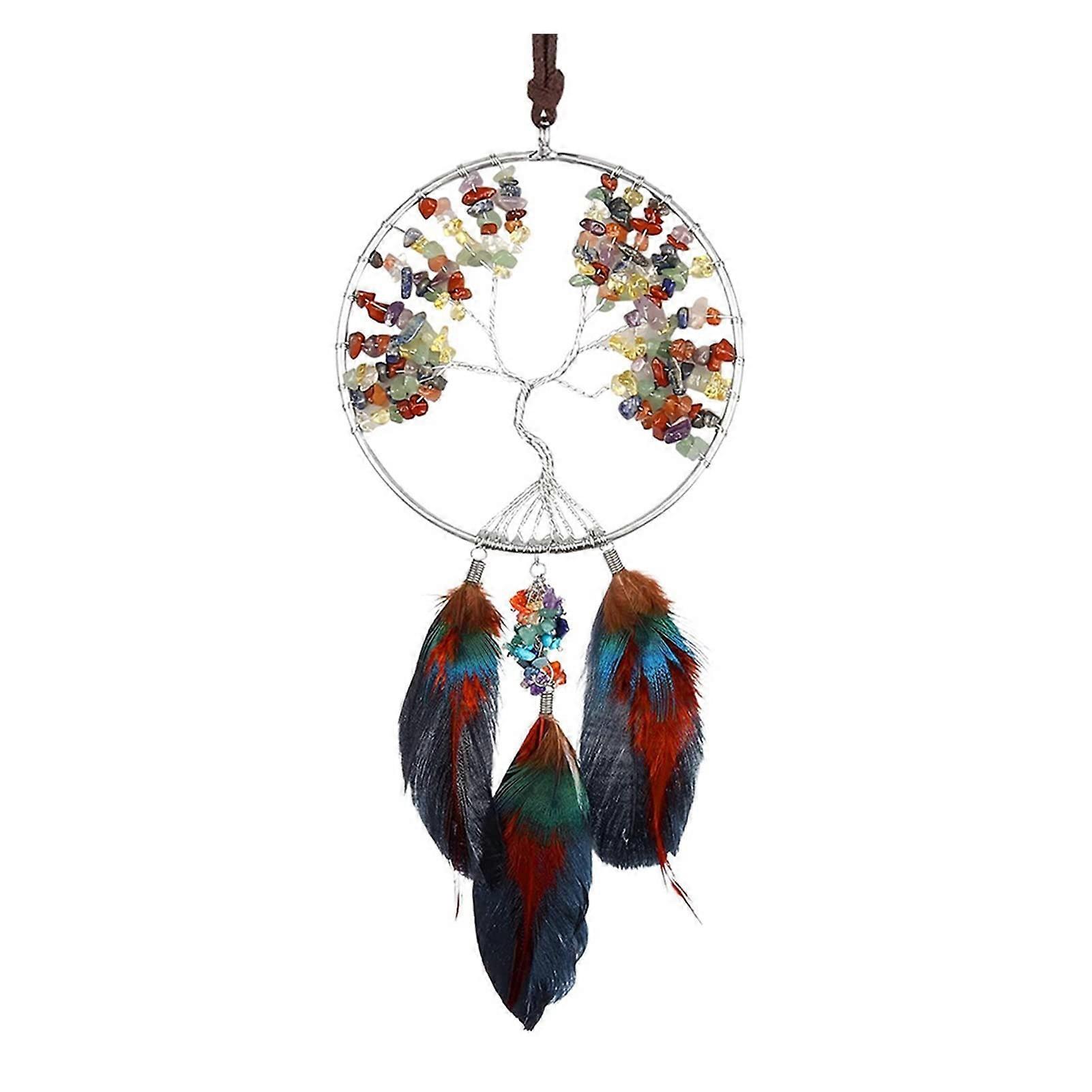 Wind Chimes 7 Chakra Tree of Life Crystal Hanging Ornament Handmade Feather Dream Catcher (Color : Light Grey)