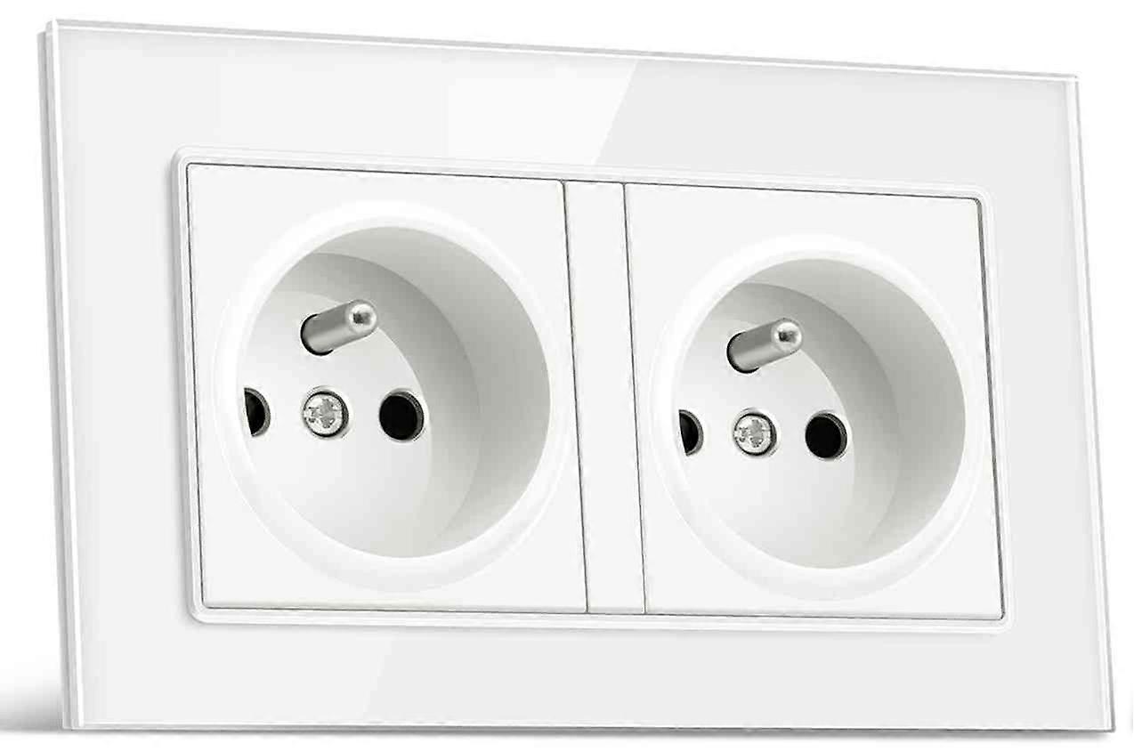 Eu Plug Double Socket Wall Electrical Outlets 16A - 250V White Glass Panel French Power Socket