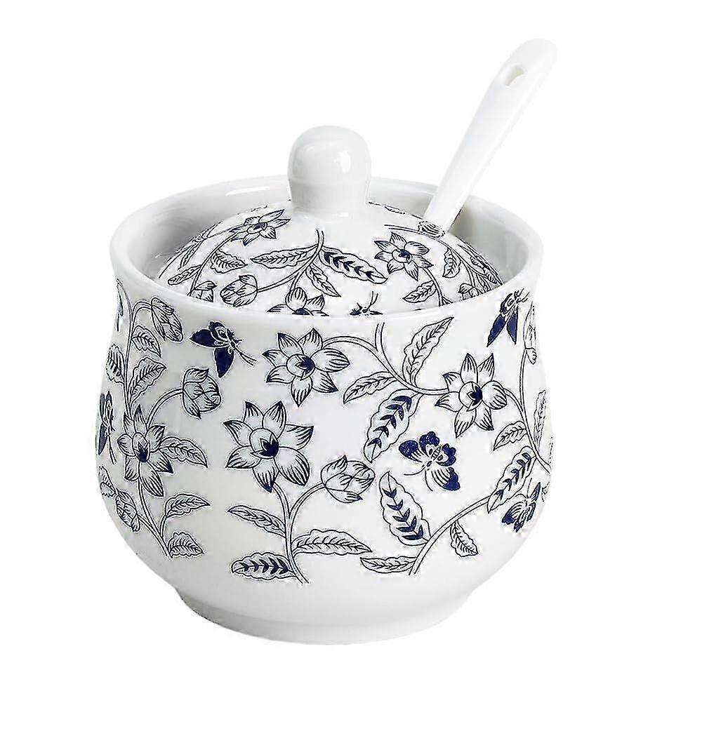 Açucareiro de design de flor de cerâmica em azul e branco