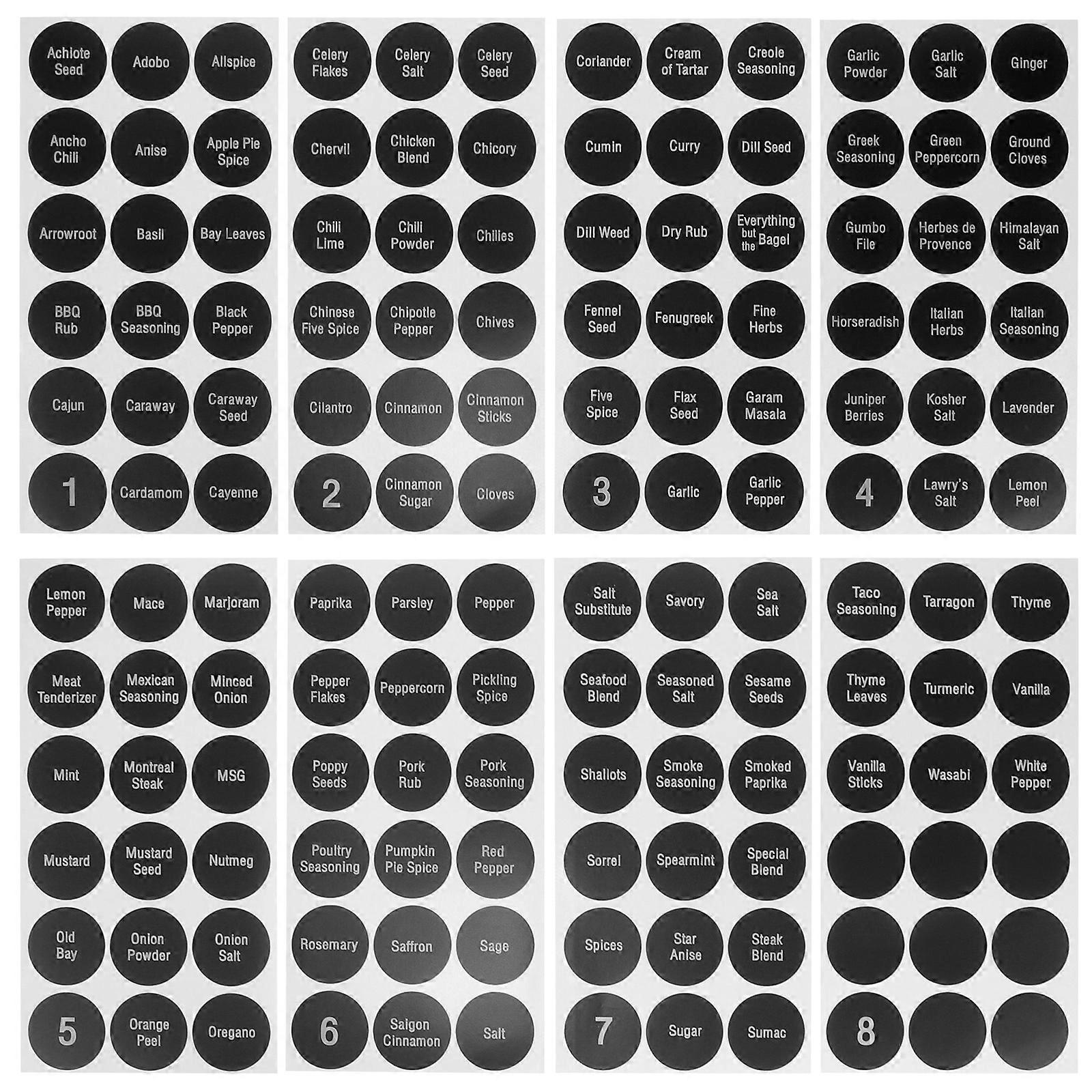 Ingredients Label Stickers Round Spice Labels For Kitchen Use PVC Self-Adhesive 8 Sheets