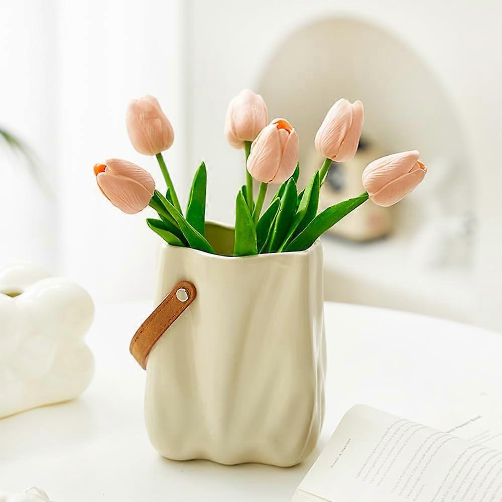 Ceramic Vase 15 cm High Beige Small Scandinavian Style Flower Vase with Handle for Pampas Grass and Home Decoration