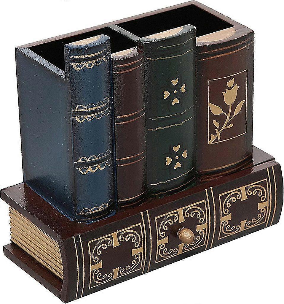 Decorative Wooden Library Book Design Office Supplies Pen Holder Storage Box with Bottom Drawer