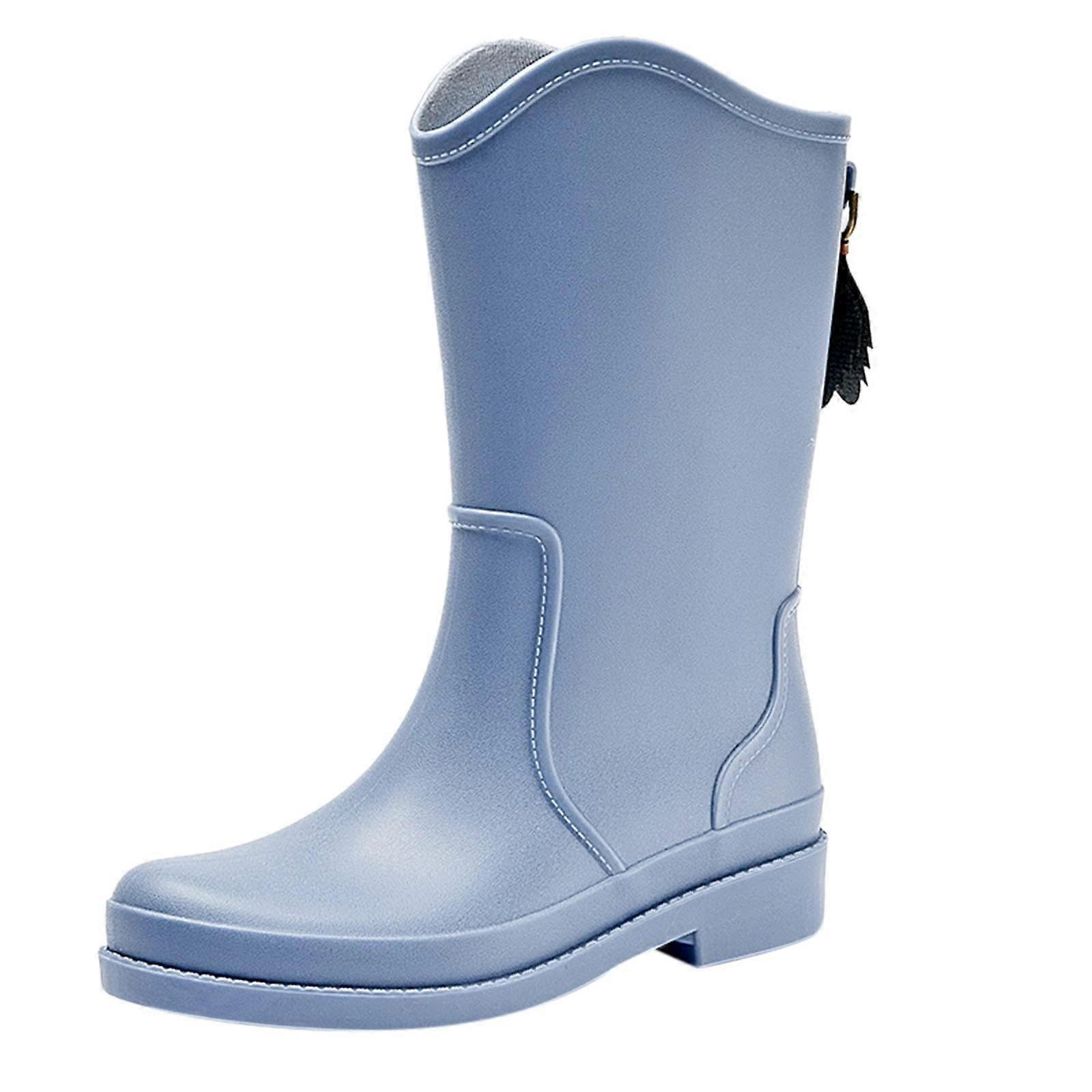 Women's Rain Boots Blue Latex Mid-Calf Waterproof Rubber With Soft Sole Comfortable EU Size 40