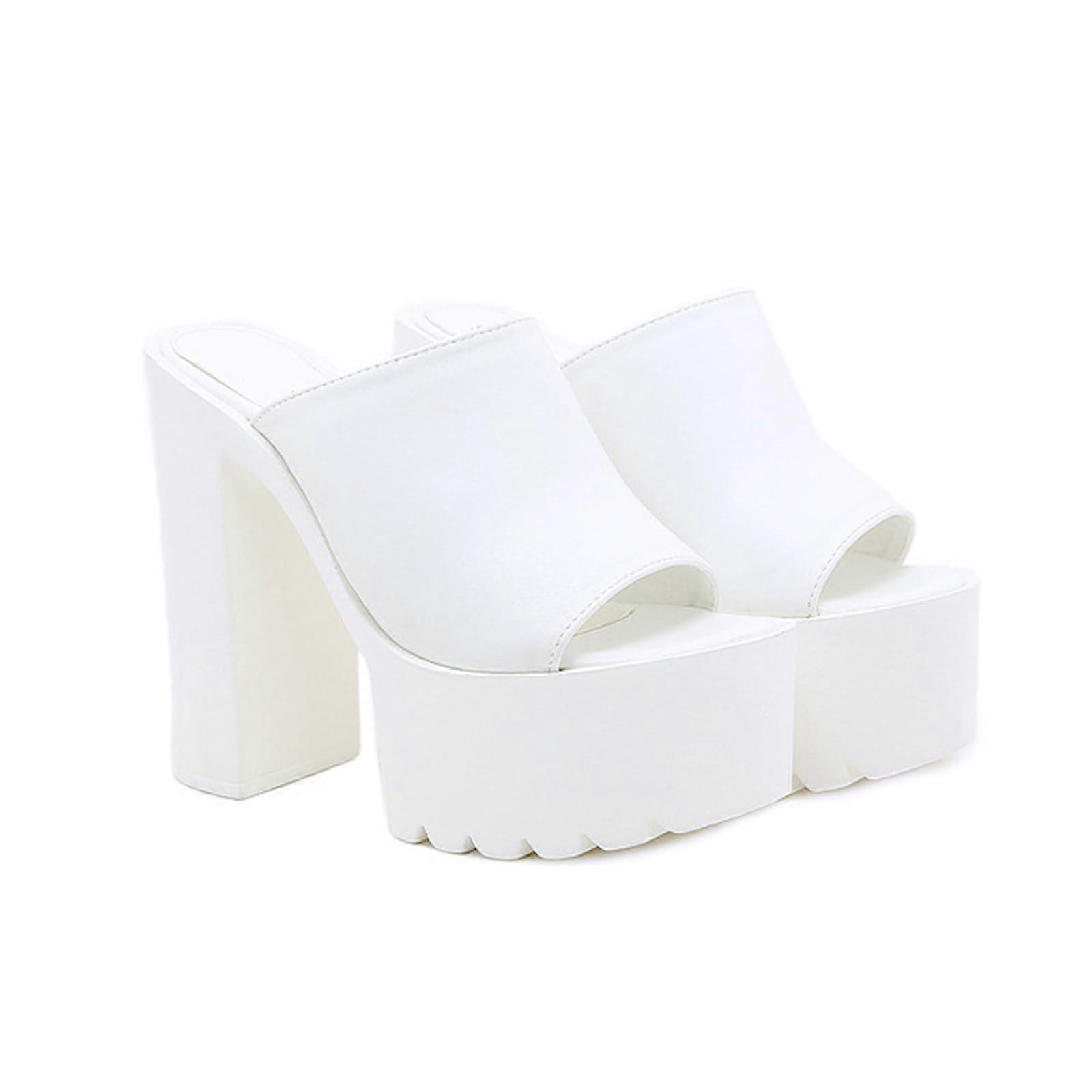 Women's High Heel Sandals 14 cm / 5.51 in Thick Sole Comfortable Slip-On Open Toe Round Toe Thick Heel Size 36 EU White