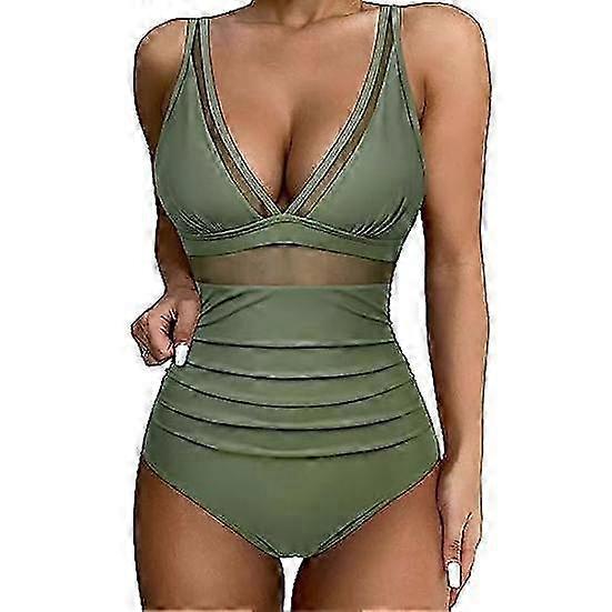 Women's High Waist Bikini Set with Pleated Deep V Neck - Solid Color See-Through Mesh Patchwork Swimwear for Stylish Beach Look