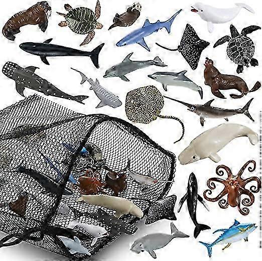 20パックリアルなサメのおもちゃメッシュバッグ付きの海の動物のおもちゃサメ、クジラ、イルカのバスのおもちゃを含む海の動物のおもちゃの盛り合わせオーシャンライフパーティー