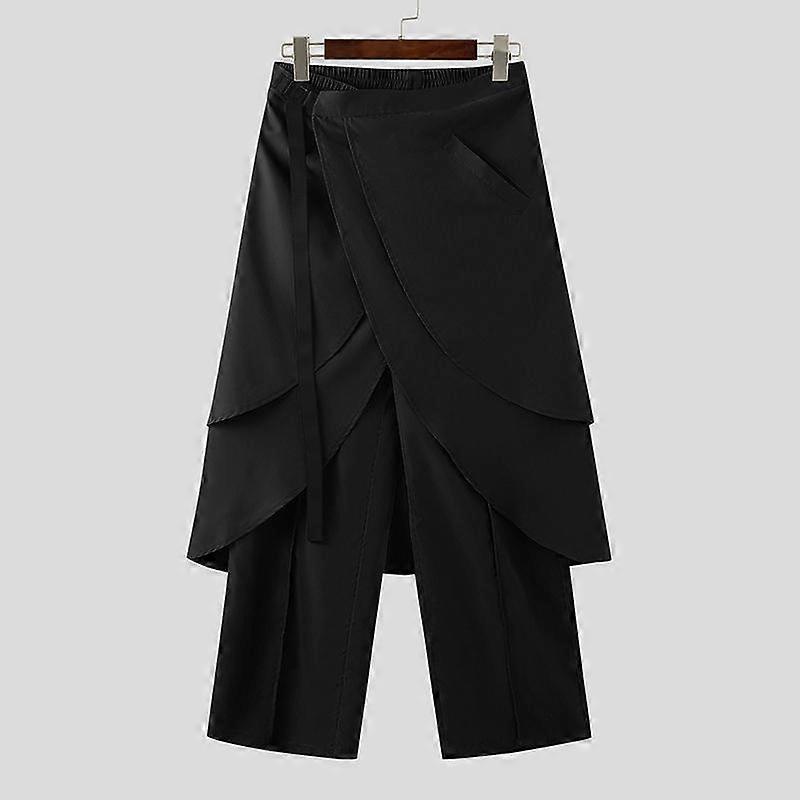 INCERUN Men Elastic Waist Layers Ruffled Pants Casual Irregular Long Trousers