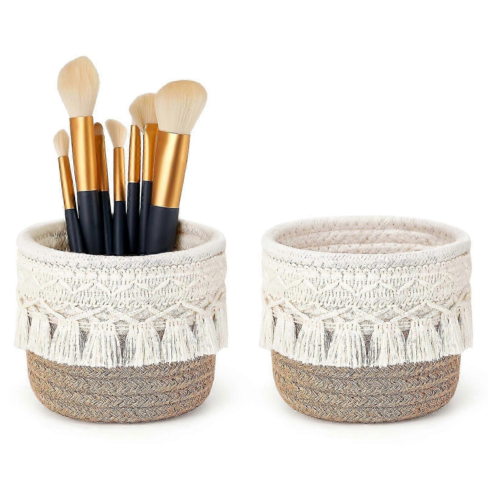 Boho-Style Macrame Makeup Brush Organizer Set - 2-Piece Decorative Baskets for Vanity Storage