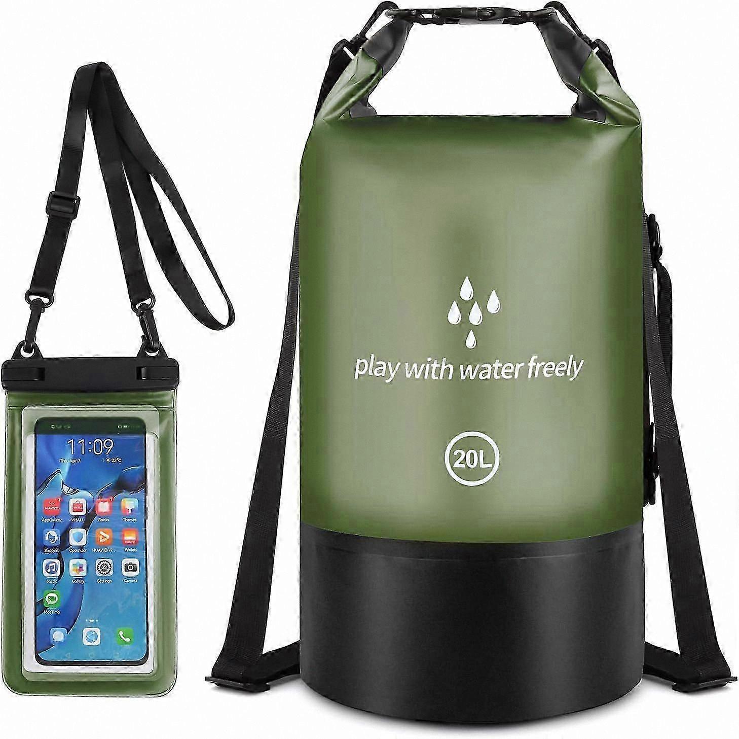 20L Army Green Roll-Top Dry Bag with Phone Pocket for Kayaking, Camping, and Fishing - Waterproof Compression Gear Storage Solution
