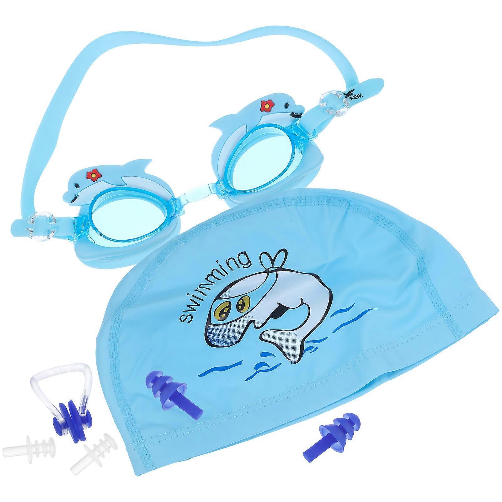 1 Set Of Children Swimming Supplies With Silicone Swimming Hat And Anti-fog Goggles For Casual Swimming In Blue