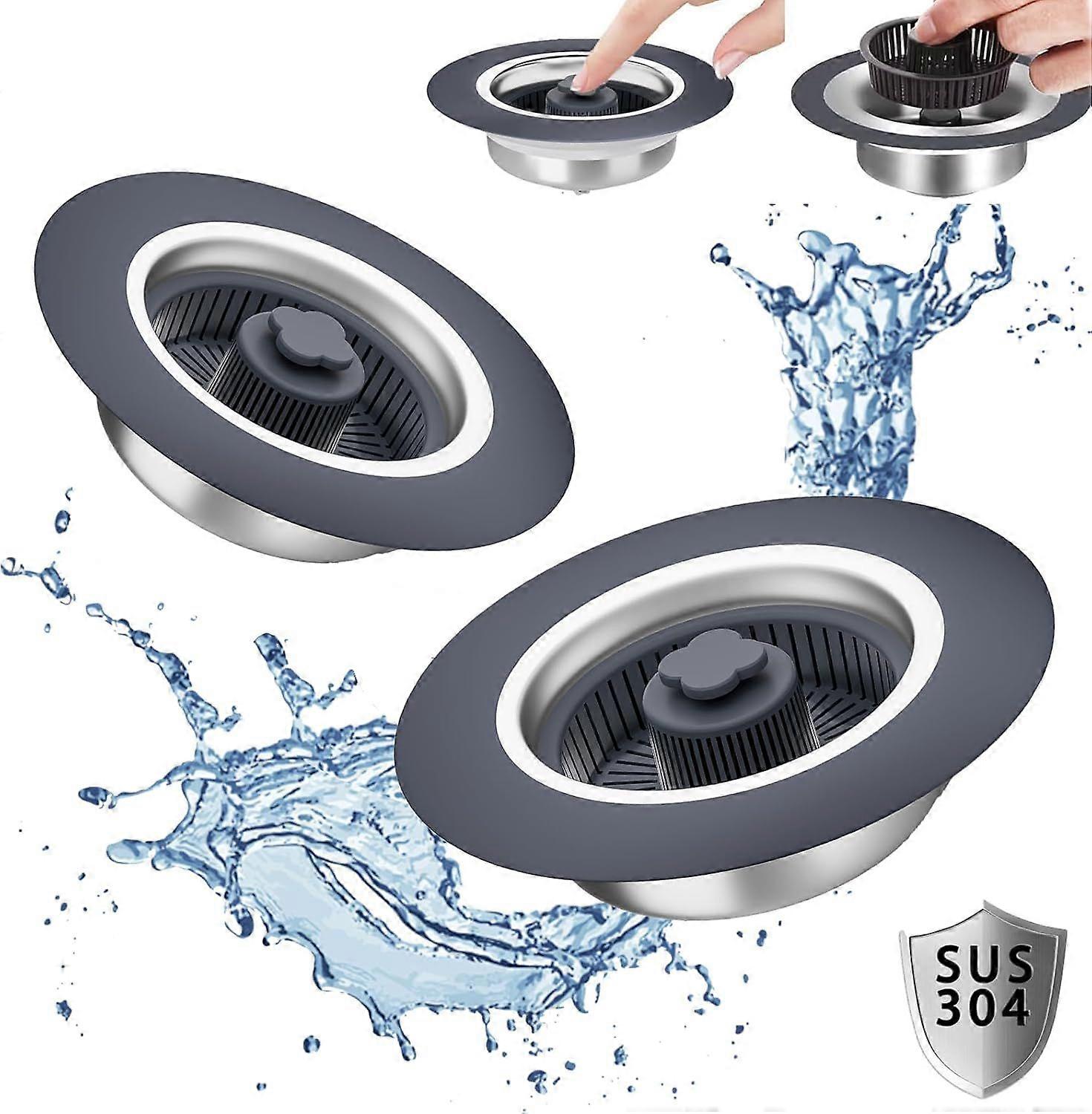 2-Pack 3-in-1 Kitchen Sink Drain Strainer Plug with Basket, Pop-Up 304 Stainless