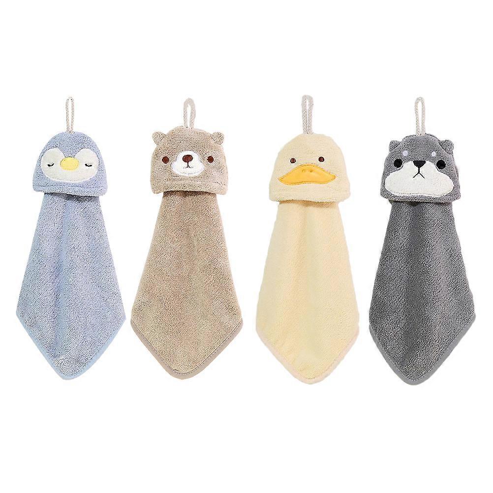 1 Set 4Pcs Hanging Animal Hand Towels Coral Fleece Absorbent Random Color